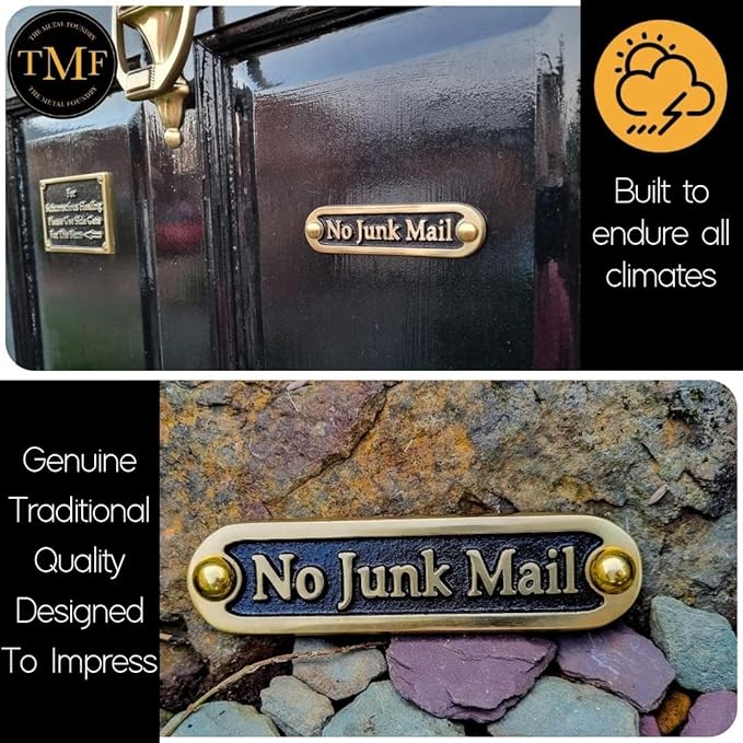 No Junk Mail Metal Brass Door Sign. Traditional Style Home Décor Wall Plaque Handmade By The Metal Foundry UK.