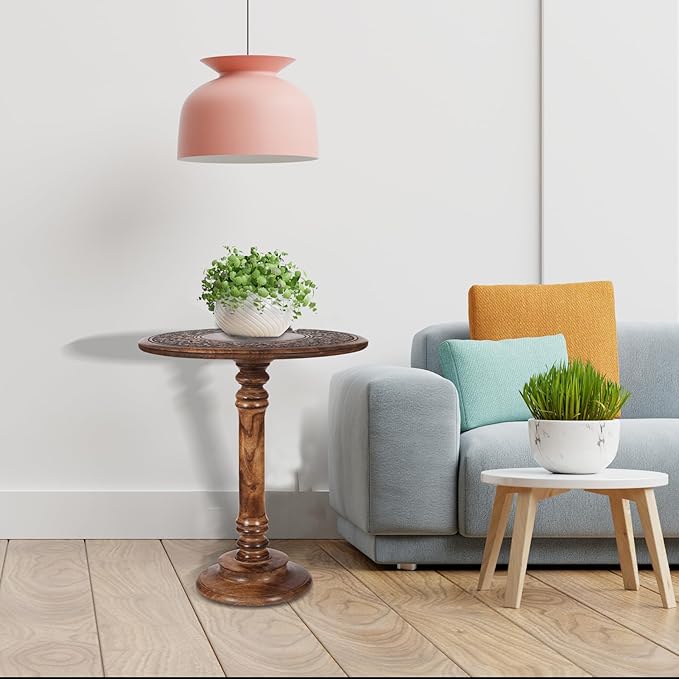 Lightnpro Hand Carved Solid Mango Wood Round Pillar Accent Table - 18" × 22" Rustic Farmhouse Side End Table | VintageRustic Boho Nightstand for Living Room, Bedroom & Entryway
