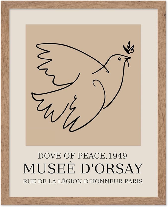 Poster Master Vintage Poster - Retro Minimalist Print - Gift for Artist, Friend - Dove Of Peace, Line Drawing, Sketch, Abstract - Wall Decor for Living Room, Bedroom, 8x10 Beige Framed