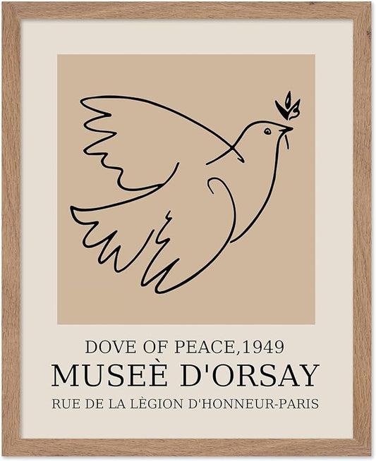 Poster Master Vintage Poster - Retro Minimalist Print - Gift for Artist, Friend - Dove Of Peace, Line Drawing, Sketch, Abstract - Wall Decor for Living Room, Bedroom, 16x20 Beige Framed