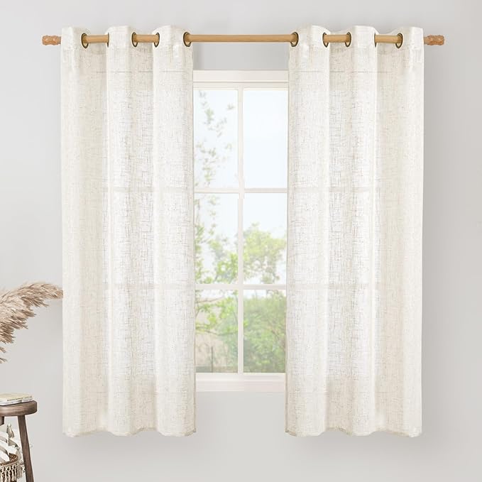 LAMIT Linen Semi Sheer Curtains 63 Inch Length, Light Filtering Neutral Window Bedroom Curtains Farmhouse Boho Bronze Grommet Drapes for Kitchen/Living Room, Cream, 2 Panels, 34 x 63 Inch