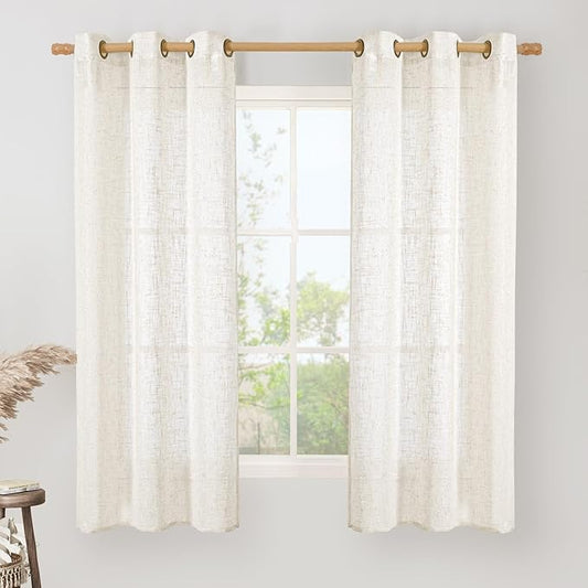 LAMIT Linen Semi Sheer Curtains 63 Inch Length, Light Filtering Neutral Window Bedroom Curtains Farmhouse Boho Bronze Grommet Drapes for Kitchen/Living Room, Cream, 2 Panels, 34 x 63 Inch