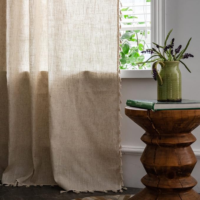 Sutuo Home Boho Curtain 96 Inches Long for Bedroom, Natural Linen Look Textured Burlap Rod Pocket Chic Semi Blackout Bohemian Handmade Tassels Window Treatment for Living Room, 1 Panel 59" W x 96" L