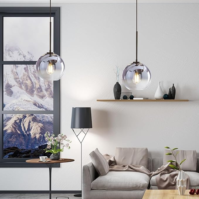 KCO Lighting Modern Black Globe Pendant Light Mercury Glass Ceiling Pendant Light Mid Century Silver Kitchen Pendant Lighting Over Island Dining Room Light Fixtures Over Table