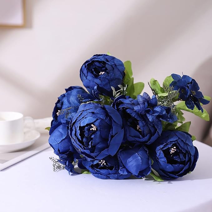 Duovlo Artificial Peony Silk Flowers Fake Flowers Vintage Wedding Home Decoration,Pack of 1 (Navy)
