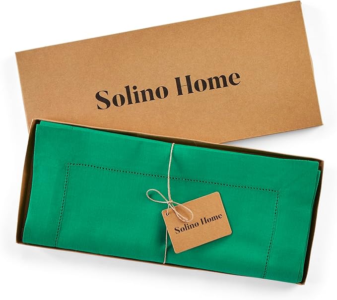 Solino Home Linen Hemstitch Table Runner 120 Inches Long - 100% Pure Linen Emerald Green Table Runner 14 x 120 Inch - Classic Hemstitch