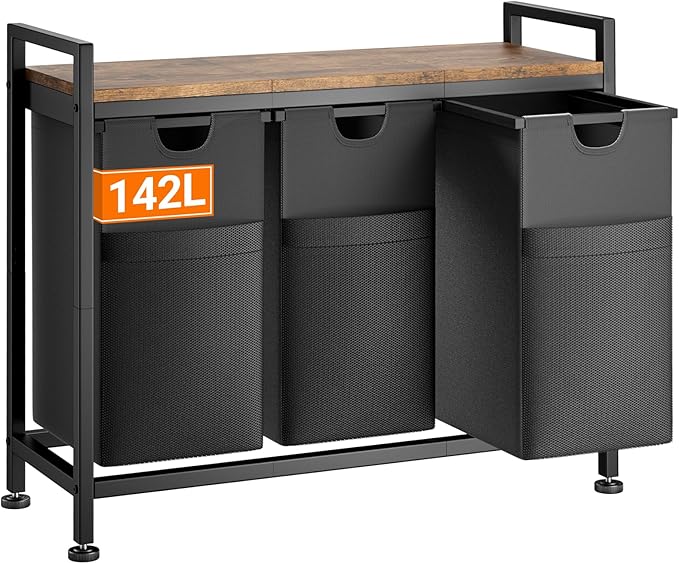 Lulive Laundry Hamper, Laundry Basket Organizer with 3 Pull-Out Removable Bags & Large Top Shelf, 3 × 12.5 Gal (142L) Freestanding Laundry Sorter 3 Sections for Laundry Room, Bathroom and Dorm