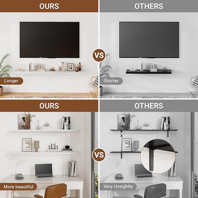 Heimlove 55 Inch Long Floating Shelves for Wall,9.3" Deep White Floating Shelves Set of 2,Large Display Shelf & Storage Shelf,Wall Mounted Shelves for Bedroom Living Room Kitchen Office