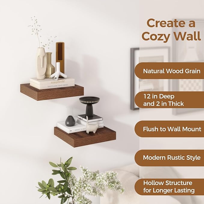 Fun Memories 12 Inch Floating Shelf, Rustic Wood Wall Shelves for Wall Decor & Storage, 12 x 12 Floating Shelf for Living Room, Bathroom, Bedroom, Walnut, Set of 2