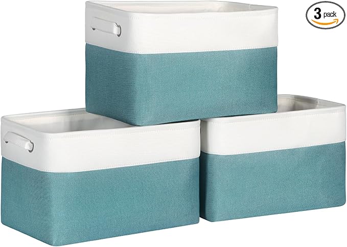 Kntiwiwo Foldable Storage Bins 15" x 10" x 9.5" Fabric Storage Basket Cube with Handles Large Linen Closet Organizer Bins for Organizing Shelf Home, Set of 3, Teal