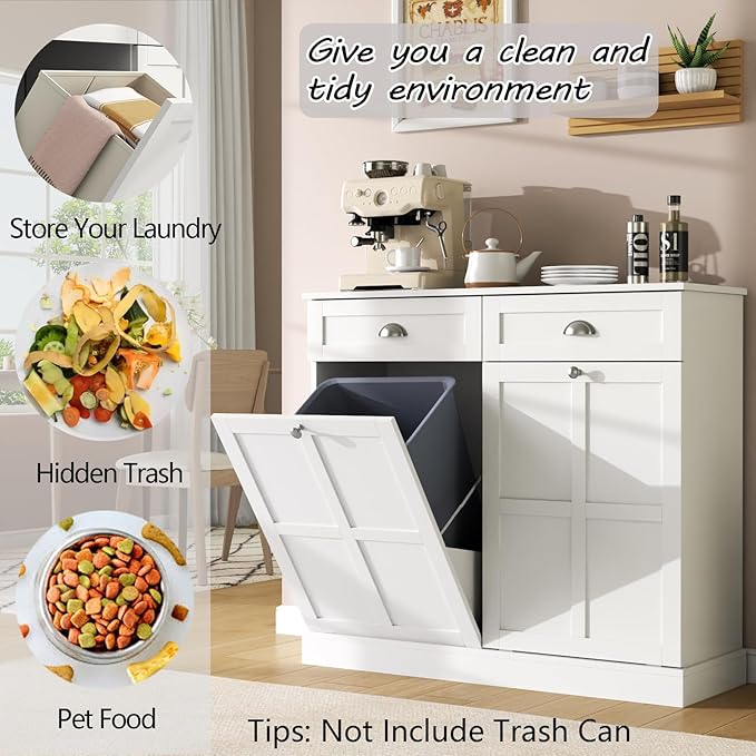 Loomie Double Tilt Out Laundry Hamper Cabinet, Hidden Laundry Cabinet with 2 Drawers & 2 Baskets, 30 Gallon Trash Can for Bathroom, Kitchen, White