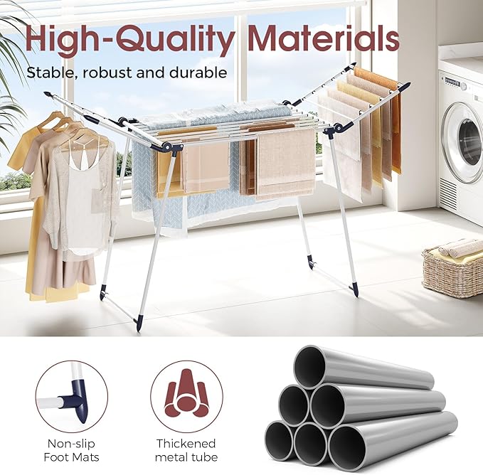 APEXCHASER Clothes Drying Rack Foldable, Large Drying Rack Clothing, Winged Laundry Rack Folding Indoor Outdoor, Metal Clothes Airer for Bedding Towel Sweater Heavy Duty, 68.9" X 22" X 39.3", White