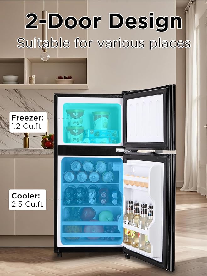 3.5 Cu.Ft Compact Refrigerator with Freezer, Mini Fridge with 2 Doors for Office, Kitchen, Dorm and Bedroom, Small Fridge with 7 Level Temp Adjustable Thermostat, Black