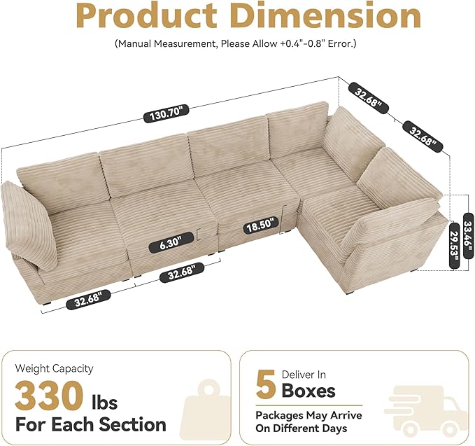Modular Sectional Sofa with Chaise U Shaped Sectional Couch for Living Room, 5-Seater Comfy Cloud Couches, Plush Corduroy, Beige