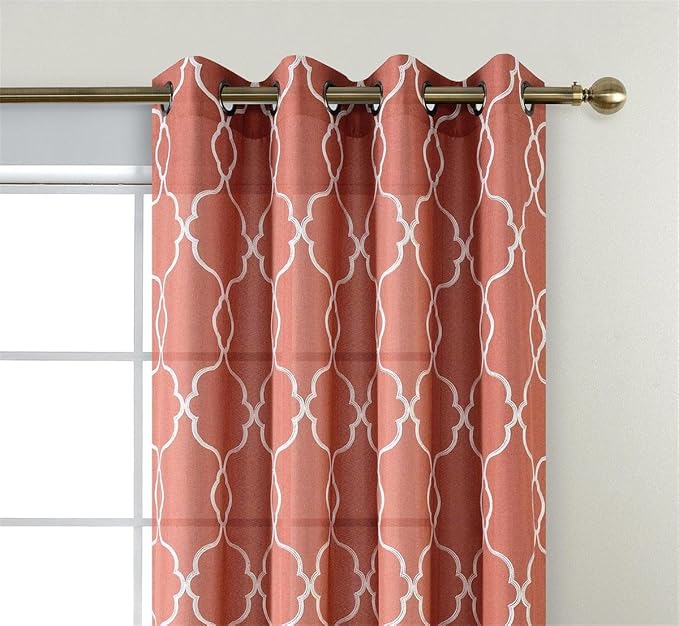 MIUCO Moroccan Embroidered Semi Sheer Curtains Faux Linen Extra Wide Grommet Window Panel Pair for Bedroom 52 x 95 Inch, Rust