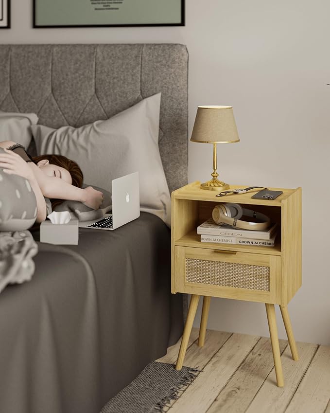Rattan Nightstand,Modern Bedside Table with Storage Drawer and Open Wood Shelf, for Living Room, Bedroom and Small Spaces, Accent Night Stand with Solid Wood Legs, Easy Assembly,(Oak)
