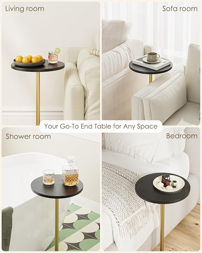Masupu Drink Table, Round Side Table for Small Spaces, Pedestal Side Table, Small End Table with Metal Base, for Living Room, Bedroom, Bathroom, Black Gold