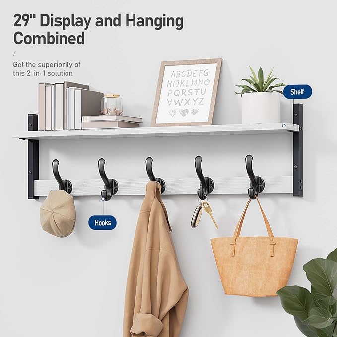 Tatub 29" Coat Rack Wall Mount with Shelf, Entryway Wall Hooks with Shelf, Coat Hangers for Bathroom, Living Room, Bedroom, Rustic White