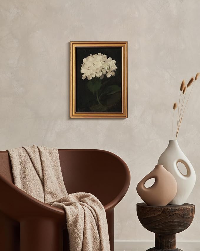 HUARCEY Gold Framed Vintage Wall Art for Living Room, Flowers Painting Canvas Prints Shelf Decor for Kitchen, Aesthetic Bedroom Wall Art, Christmas Gifts for Friends Family (White Hydrangea 12"x16")