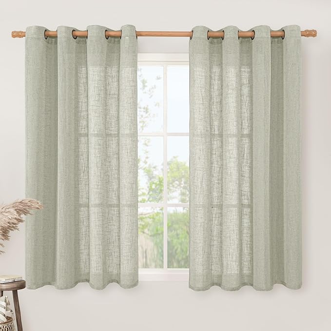 LAMIT Sage Grey Linen Curtains 45 inches Long for Bedroom, Soft Linen Textured Light Filtering Semi Sheer Panels with Bronze Grommet for Living Room, 2 Panels Set, 52 x 45 Inch