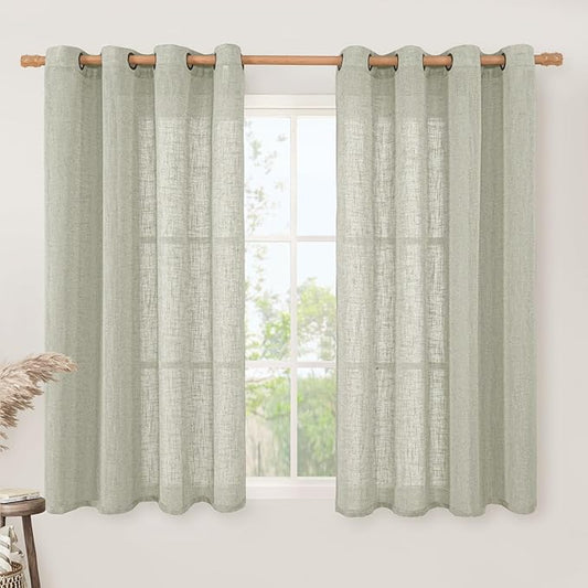 LAMIT Sage Grey Linen Curtains 45 inches Long for Bedroom, Soft Linen Textured Light Filtering Semi Sheer Panels with Bronze Grommet for Living Room, 2 Panels Set, 52 x 45 Inch