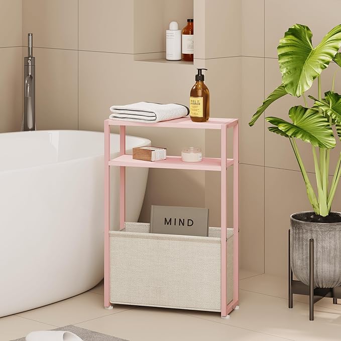 Narrow Side Table, Slim End Tables with Fabric Basket, Skinny Table for Small Spaces, Thin Bedside Table for Living Room, Bedroom (1, Jelly Pink + Cream White)