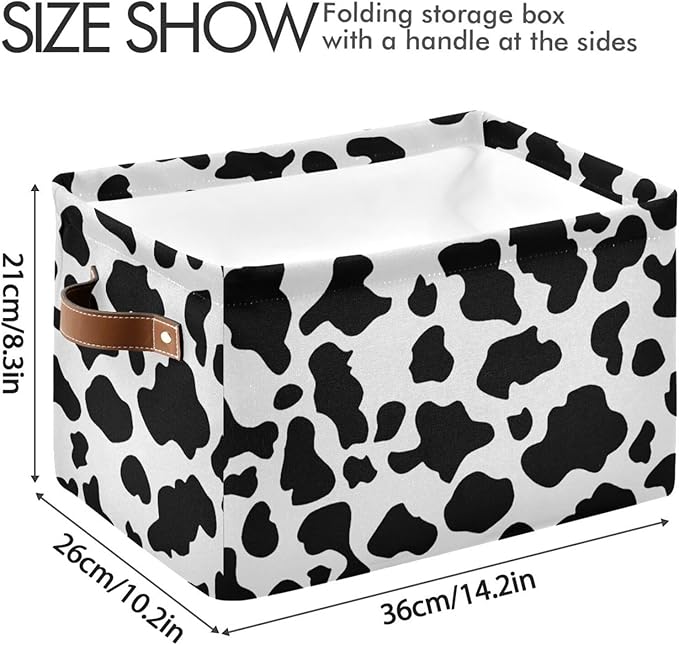 Black White Cow Skin Print Storage Basket Cube Storage Bins Organizer Bag Collapsible Closet Shelf Baskets with handle for Baby Cloth Pet Toy Book 14.2×10.2×8.3 IN