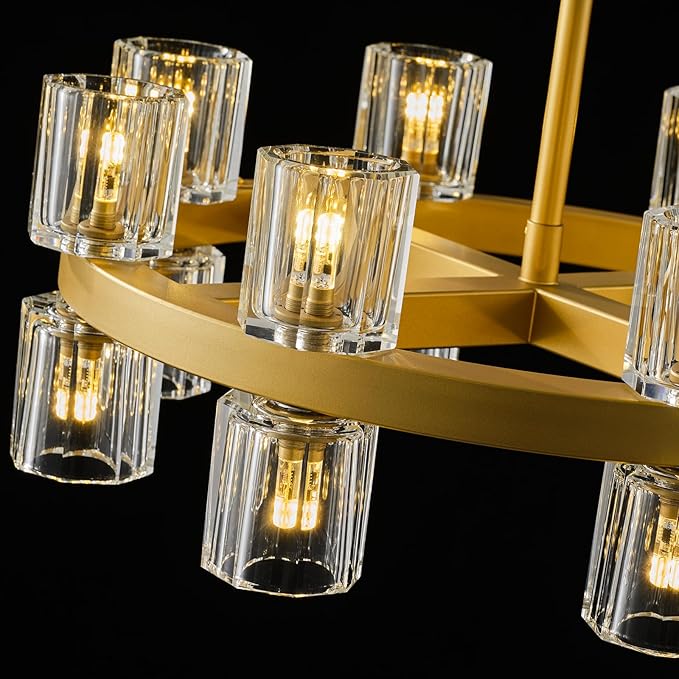 Gold Chandelier Light Fixture Kitchen and Dining, 16-Lights Modern Chandeliers for Dining Room, 18" Farmhouse Kitchen Pendant Lights Over Table, Crystal Wagon Wheel Chandelier(Bulbs Included)