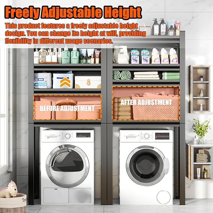 Over Washer and Dryer Storage Shelves,5 Tiers Laundry Room Standing Shelf,Adjustable Metal Shelving Unit,Space Saving Shelf, 63" H x 31.5" W x 15.7" D, Black