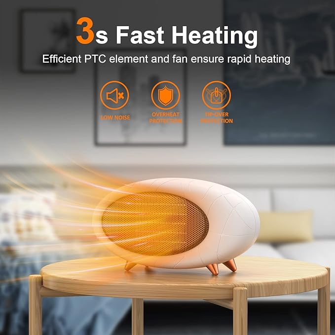 Desk Heater,600W Energy Efficient Small Desk heater for Indoor Use,PTC Fast Heating Ceramic Space Heater for Bedroom Home Office Indoor Use(White)