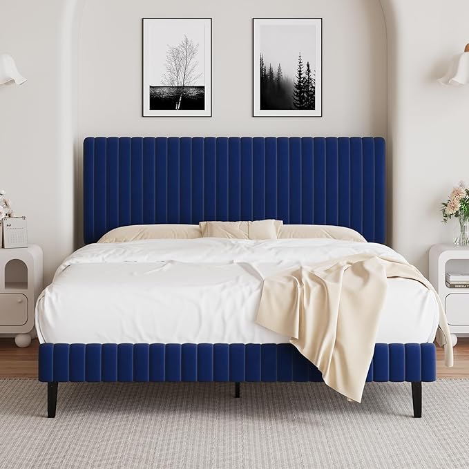 Queen Size Bed Frame with Headboard, Velvet Upholstered Platform Bed with Vertical Channel Tufted Design, No Box Spring Required, Easy Assembly, Blue