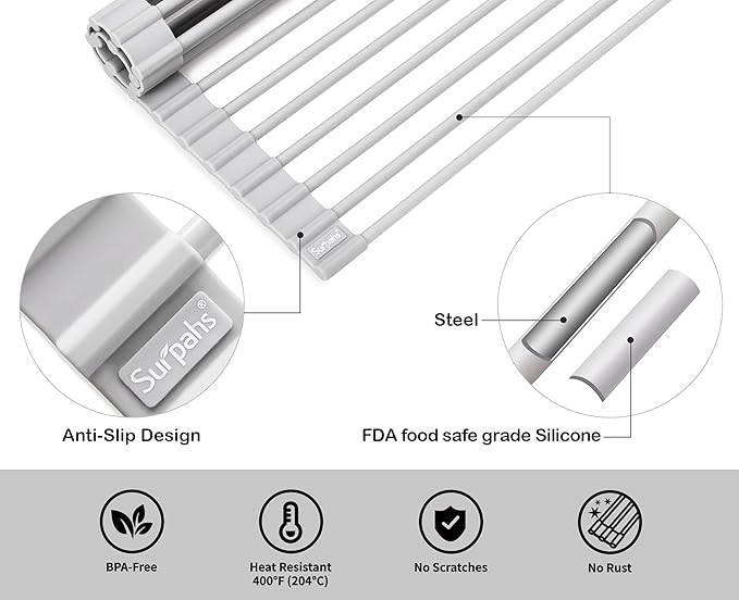 Surpahs Over Sink Foldable Multipurpose Roll-Up Dish Drying Rack, Silicone Wrapped Stainless Steel, Warm Gray, 17.5" x 13.1"