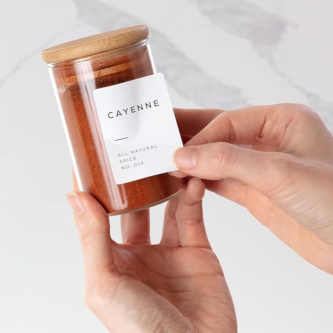 Empty Spice Jars with Label Pack (12x Bamboo Lid Glass Jar). Small 6oz Spice Storage Bottles with 112 Printed Stickers and 48 Writable Pantry Labels for Seasoning Containers