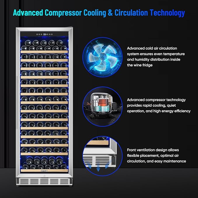 Freestanding 180 Bottle Wine Fridge - 24" Built-in Cooler with Upgraded Compressor Cooling and Intelligent Temperature Memory, Large Capacity Refrigerator