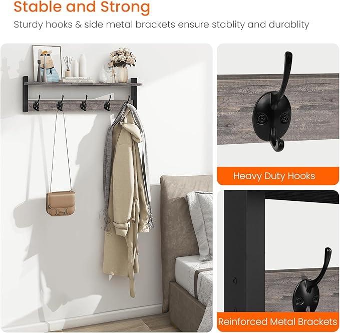 Homode Wall Hooks With Shelf, 24 Inch Coat Rack Wall Mount for Entryway, Clothes, Backpack, Key, Purse - Floating Shelf Hanging in Bathroom, Bedroom, Hallway, Rustic Grey