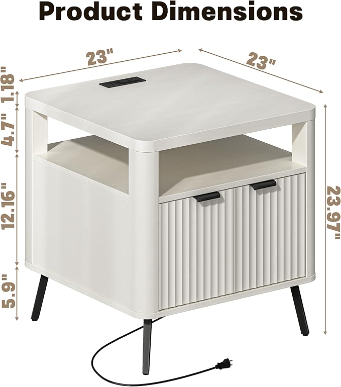 Nightstand with Charging Station, 24" End Table Side Table with Open Shelf, Modern Large Wood Fluted Bedside Cabinet for Bedroom, Living Room, White