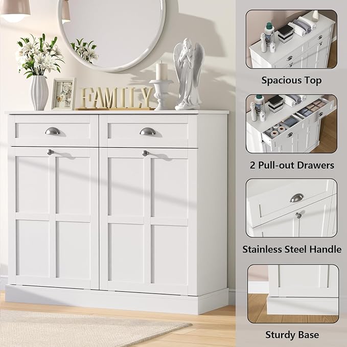 Loomie Double Tilt Out Laundry Hamper Cabinet, Hidden Laundry Cabinet with 2 Drawers & 2 Baskets, 30 Gallon Trash Can for Bathroom, Kitchen, White