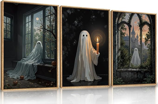 LHIUEM Large Halloween Cute Ghost Framed Canvas Wall Art Set,Vintage Spooky Wall Decor,Retro Dark Prints,Midnight Candle Poster Artwork for Living Room,Bathroom,Dining Room -16"x24"x3