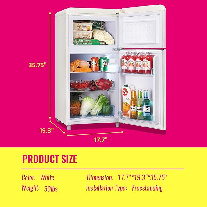 Retro Mini Fridge 3.5 Cu.ft Small Refrigerator with Top Freezer Compact Fridge Apartment Size Refrigerator Dual Door with Handles for Home Office Dorm