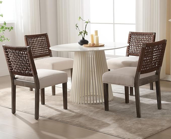 Kmax Farmhouse Dining Chairs Set of 6, Rustic Kitchen Chairs with Linen Fabric Seat and Woven Back, Vintage Accent Chairs for Dining Room, Living Room, Beige