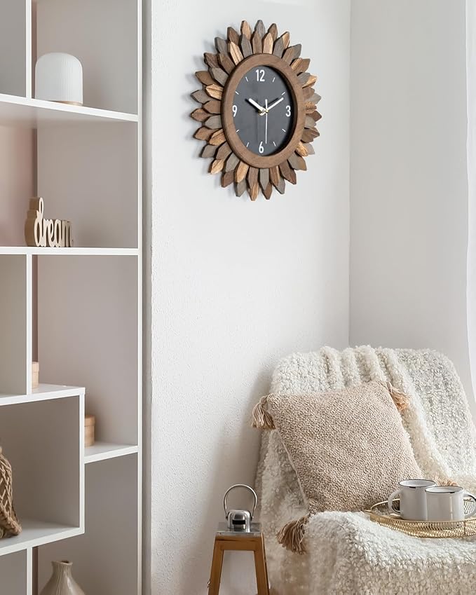 Honiway Wall Clock Battery Operated 12 in Rustic Wood Boho Sunburst Decorative Wall Clock Silent Non Ticking Farmhouse Small Wall Clocks for Living Room Kitchen Bathroom Bedroom Decor (Tricolor)