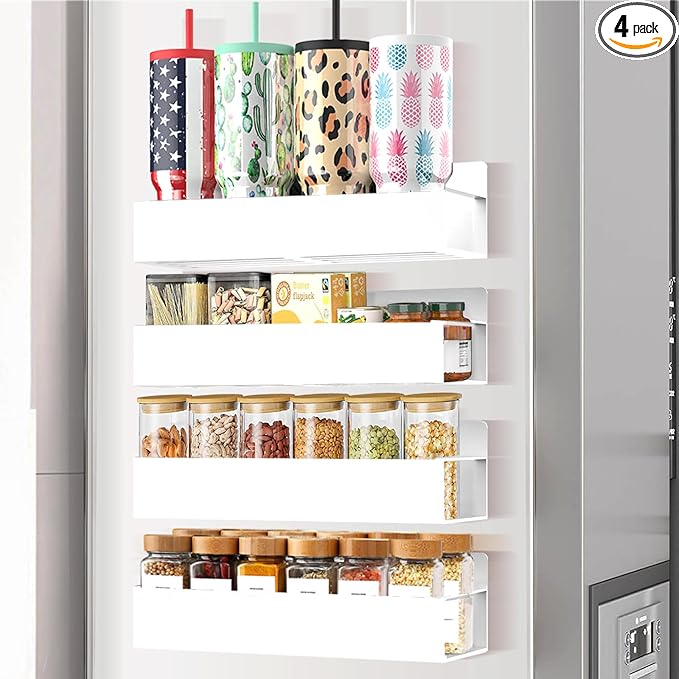 Magnetic Spice Rack Organizer for Fridge Seasoning Organizer for Kitchen Storage With Screw Magnetic Shelf for Oven, RV,Garage,Bathroom (White, 4pack)