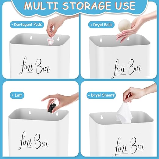 Sealegend Magnetic Lint Bin for Laundry Room with Dryer Lint Brush, Wall Mounted Trash Can Space-Saving Laundry Organization and Storage, White