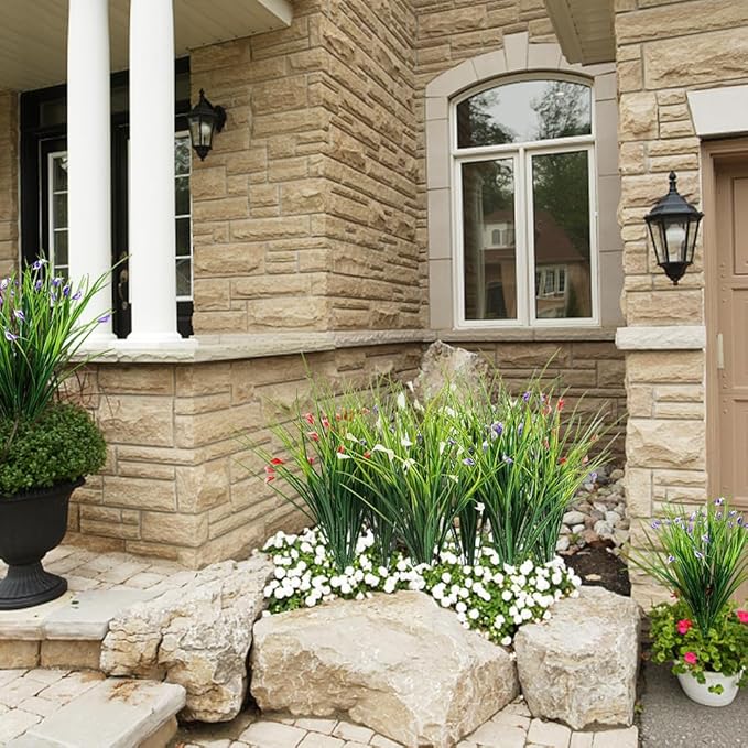 Melorca&Guilla Artificial Plants Outdoor 6PCS 23“ Fake Tall Grass,Fake Outdoor Plants,Faux Plants with Flowers for Garden Porch Window Box Shop Office Home Décor