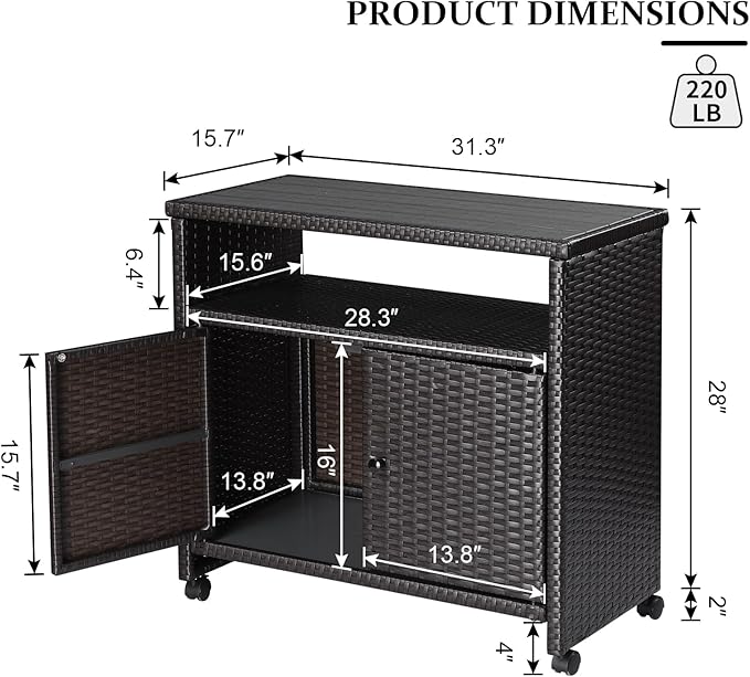 Outdoor Wicker Storage Cabinet - Patio Bar Table with Wheel,Outdoor Buffet Cabinet Movable,Garden Weather-Proof Bar Table/Cart for Indoor&Outdoor (Dark Brown)