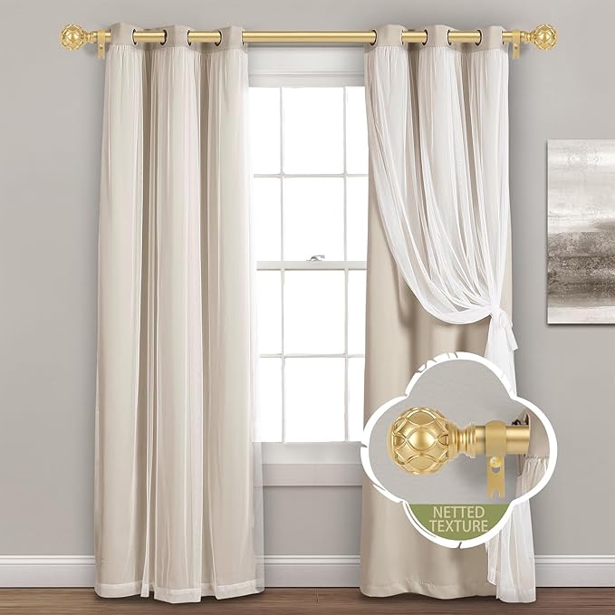Gold Adjustable Curtain Rods for Windows:Farmhouse Heavy Duty Curtain Rod for Bedroom Living Room,Boho Decorative Rustic Drapery Rod with Vintage Coastal Texture Finial,Brass Gold 2Pack 36-88"