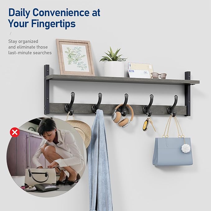 Tatub 29" Rustic Coat Rack Wall Mount with Shelf, Entryway Wall Hooks with Shelf, Coat Hangers for Bathroom, Living Room, Bedroom, Dark Grey