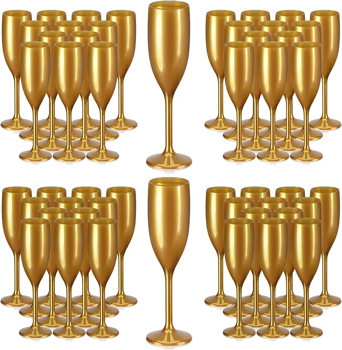 XUWAIDSGN Acrylic Champagne Flutes Toasting Glasses Unbreakable Mimosa Bar Reusable Wine Glasses Vintage Champagne Flutes Stemmed Drinking Cups 5.4 OZ for Christmas Birthday (100, Gold)