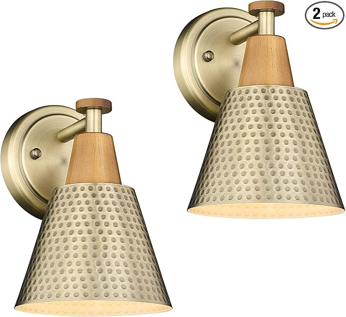 FEMILA Bathroom Light Fixtures 2 Pack, Antique Brass Vanity Light with Hammered Metal Shade, 2-Lights Bath Wall Mounted Lights Wall Lamp for Mirror Kitchen Bedroom, 4FG59B-2 BG