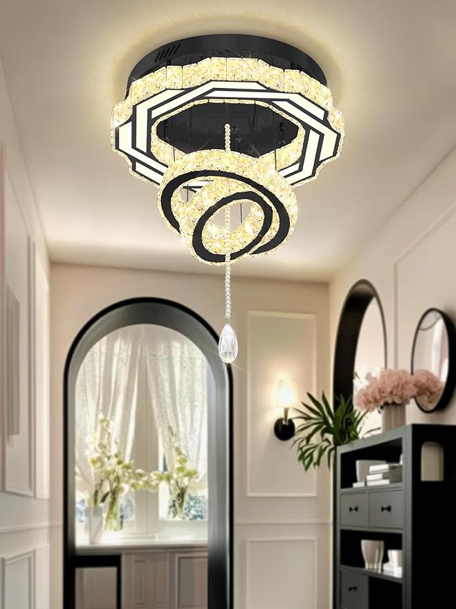 Flashing God Dia 20" Modern Chandeliers for Dining Room Black Flush Mount Ceiling Chandeliers LED Dimmable Pendant Lighting Crystal Ceiling Light Fixture for Living Room Bedroom Hallway 2700K-6000K
